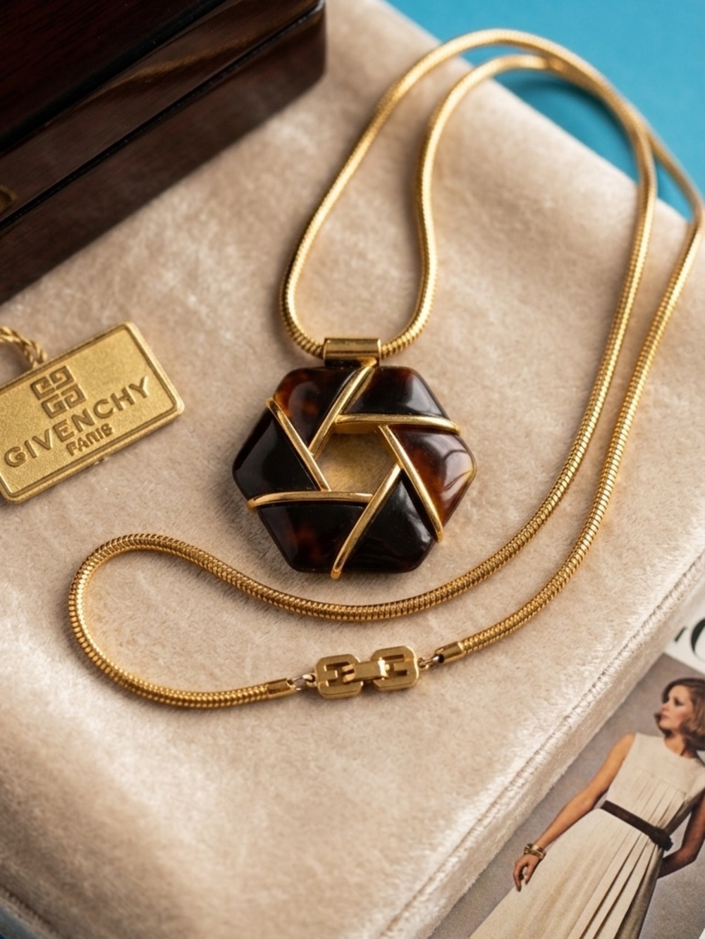 Vintage Givenchy Gold-Tone Pendant Necklace with Black and Amber Inlay